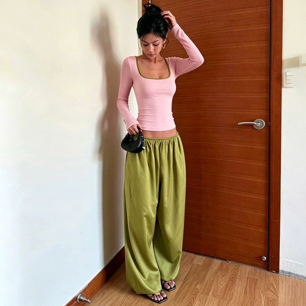 Zara Summer Square Neck Solid Long Sleeve Top with Waist Tied Pleated Pants Set